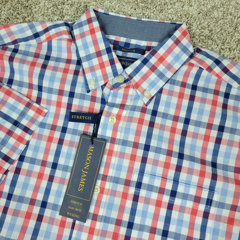 NWT Mason James Stretch Mens Small Red White Blue Gingham Check Button Down SS